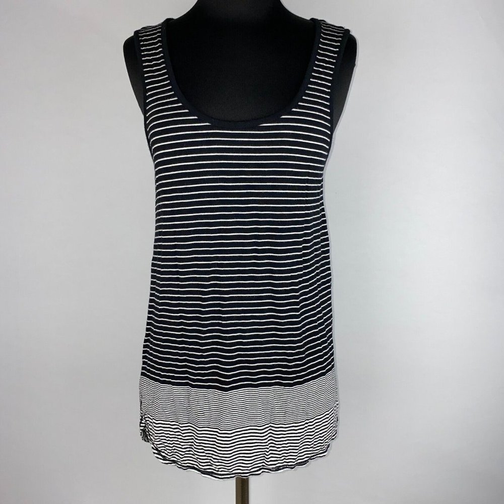 Max Studio S Tunic Tank Top Women's Size S Black White Striped Scoop Neck Slits